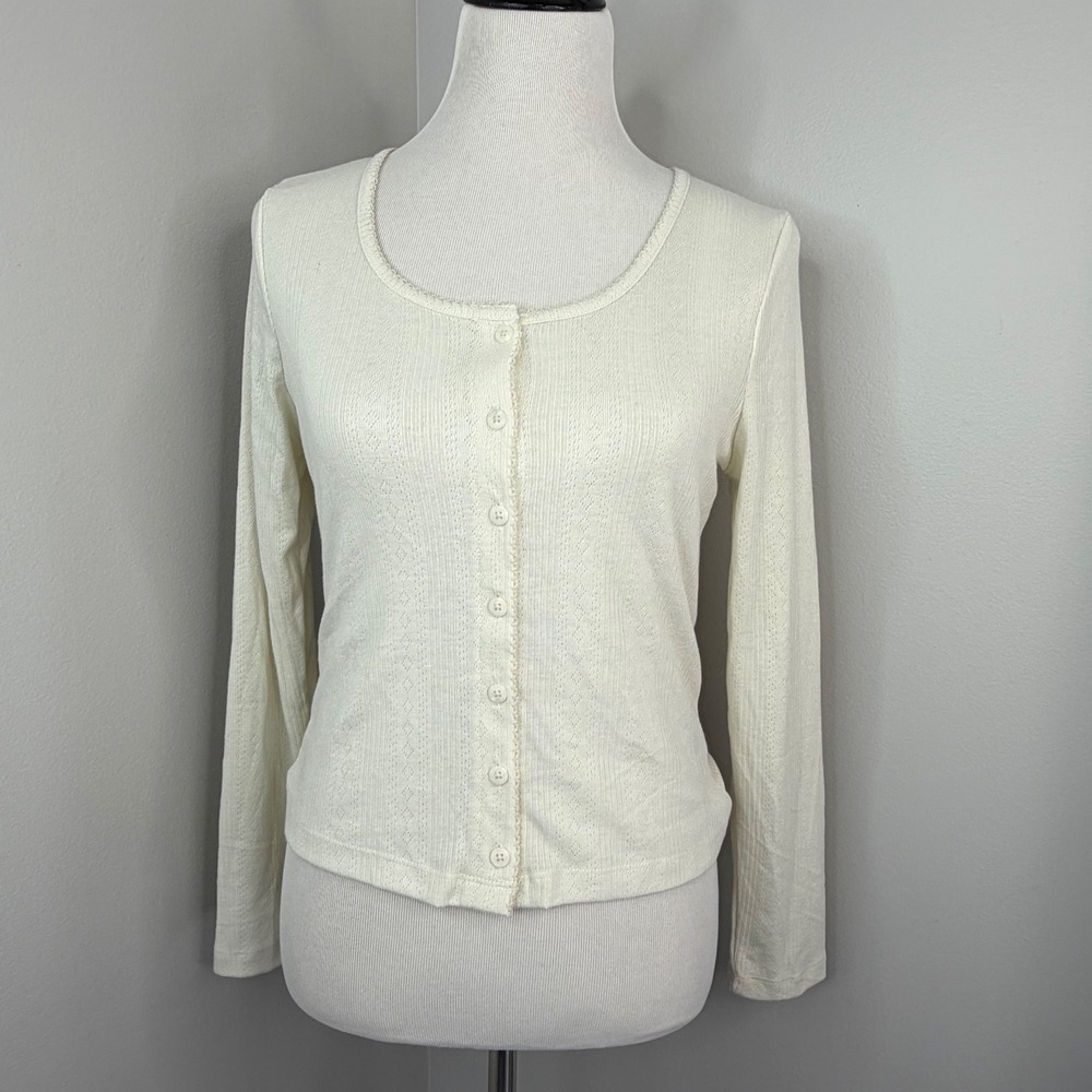 Universal Thread Cream Pointelle Knit Button Down Cardigan Top Womens Medium NWT